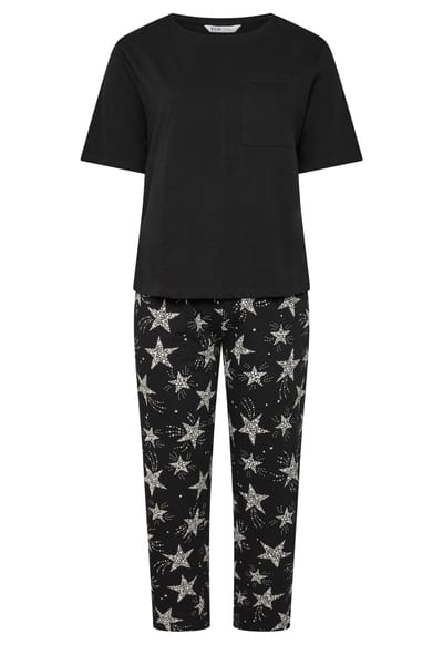 Yours Curve Pyjama Met Ster En Wijde Pijpen In Zwart Size 50-52
