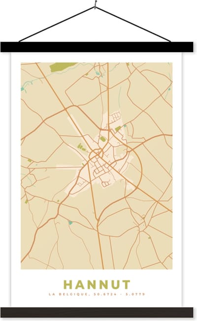 Posterhanger incl. Poster 40x60 cm - Schoolplaat - Kaart - België - Hannut - Plattegrond - Stadskaart - Textielposter - Zwarte latten - Stadskaart