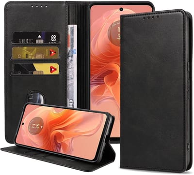 Smartphonica Telefoonhoesje Geschikt voor Motorola Moto G04 Kunstleer met Magnetische sluiting en Pasjeshouders Bookcase met Klepje - Zwart geschikt voor Motorola Moto G04