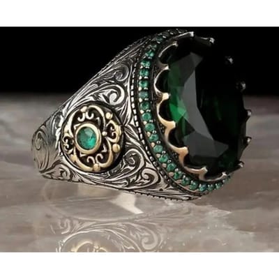 Retro Handgemaakte Turkse Zegelring Voor Mannen Vrouwen Antieke koperkleur Gegraveerde Adelaar Ring Groene Zirkoon Inleg Punk Motor Biker Ring 10 black
