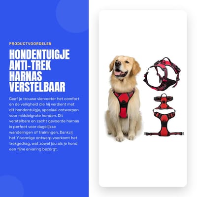 Dailygoods- Hondenharnas anti-trek - Verstelbaar hondentuigje - Zacht gevoerd huisdierenvest - Y-vormig harnas - Gemakkelijke handgreep - Voor training/wandelen - Hondentuig