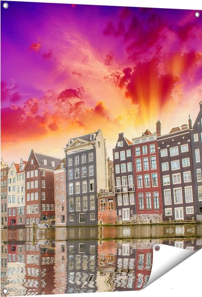 Gards Tuinposter Amsterdamse Huisjes bij het Kanaal - Kleur - 80x100 cm - Tuindoek - Tuindecoratie - Wanddecoratie buiten - Tuinschilderij