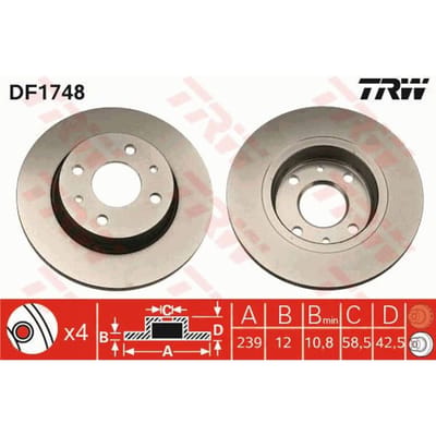 Remschijf TRW DF1748 voorkant, compleet, 1 Stuk
