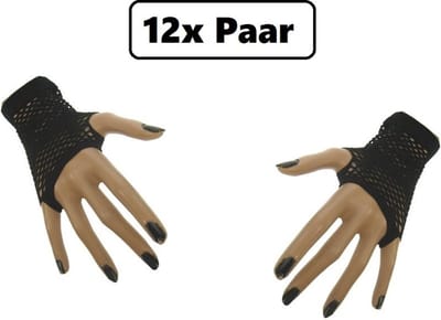 12x Paar Nethandschoen vingerloos kort zwart Merk PartyXplosion EAN: 8720823848765