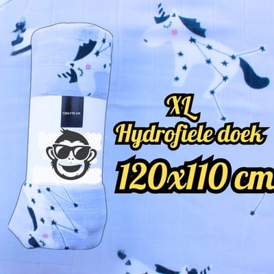 BoefieBoef XL Hydrofiele Doek 120x110cm - Zachte Bamboe Swaddle, Inbakerdoek, Mousseline Doek voor Baby's en Newborns 0 tot 12 maanden - Blauw Eenhoorn - Dubbellaags, Ademend en Absorberend - Kerst en KraamCadeau - - Duurzaam - Babydeken - Wit