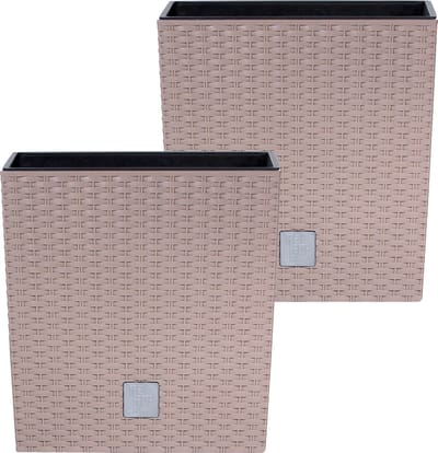 Prosperplast Bloempot/plantenpot Rato - 2x - rotan look - met binnenpot - taupe - 40 x 40 x 41 cm - kunststof
