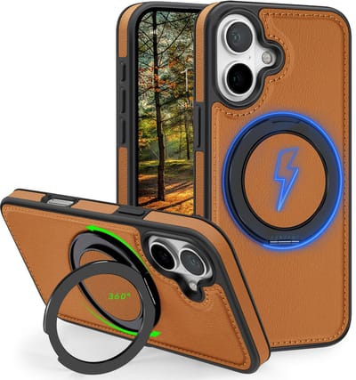 Perfeqt hoesje geschikt voor iPhone 16 leren BackCover met 360° Kickstand & Keyring houder - Rich Brown