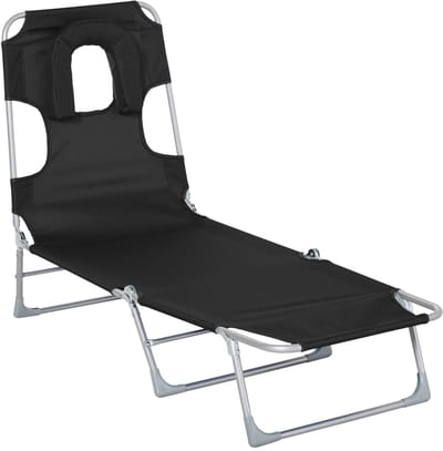 NordHaus Opvouwbare Tuinligstoel - Ligbed - Zonneligbed - Verstelbare Rugleuning met Leesopening - Zwart 182x56x28 cm