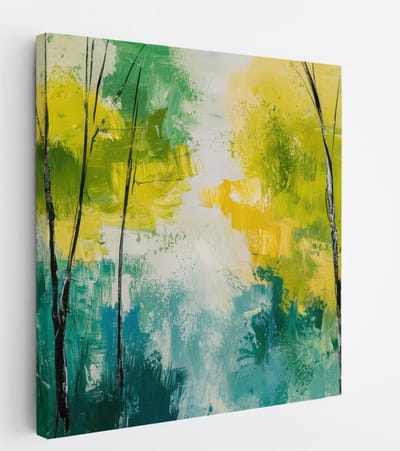 Saammp Canvas Schilderij - Bomen - Geel -Blauw - Groen - Bloemen - Landschap - Natuur - 20x20 - Foto op canvas - Wanddecoratie - Muurdecoratie Woonkamer - Slaapkamer decoratie - Canvas Print