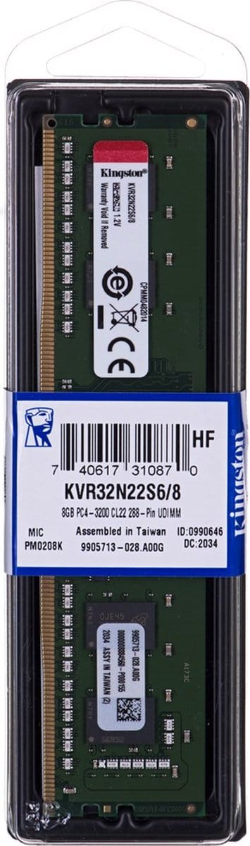 Kingston ValueRAM KVR32N22S6/8 - RAM-geheugen - 8GB - 3200MT/s - DDR4 - DIMM - 1 x 8 GB
