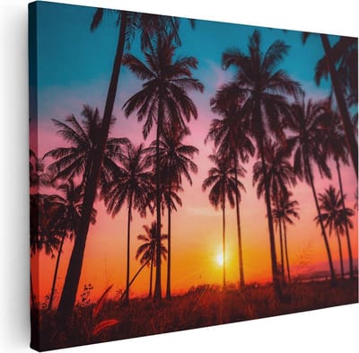 Artaza Canvas Schilderij Zonsondergang Strand - 40x30 cm - Klein - Wanddecoratie Palmboom - Muurdecoratie Zee - Kamer Accessoires