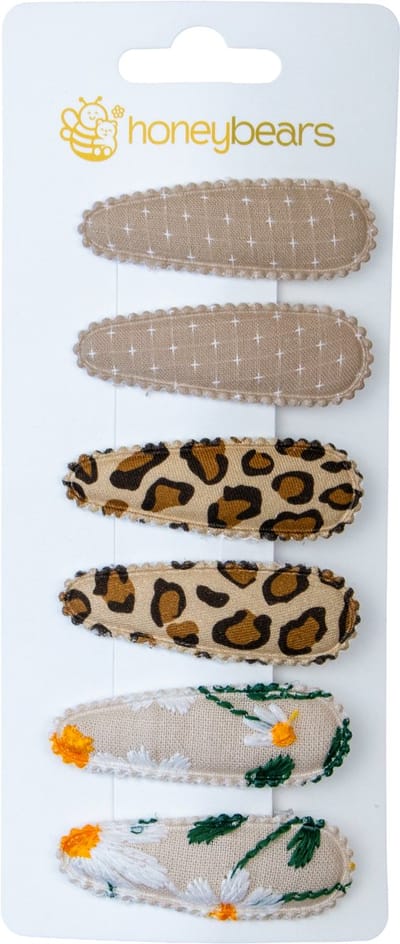 Honeybears haaraccessoires kind set van 6 – Haarspeldjes panter – Kraamcadeau – Haar accessoires kind - Haar speldjes kinderen – Baby knipjes