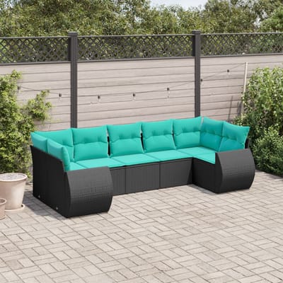 vidaXL - 7-delige - tuinbankset - met - kussens - van - zwart - polyrotan