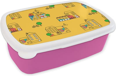 Broodtrommel Roze - Lunchbox - Brooddoos - Zomer - Patronen - City - 18x12x6 cm - Kinderen - Meisje