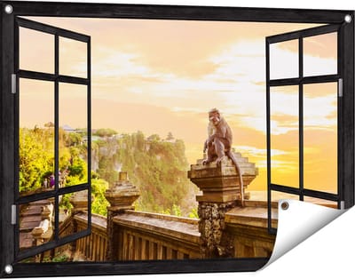 Gards Tuinposter Doorkijk Aap op de Uluwatu Tempel in Bali - 90x60 cm - Tuindoek - Tuindecoratie - Wanddecoratie buiten - Tuinschilderij