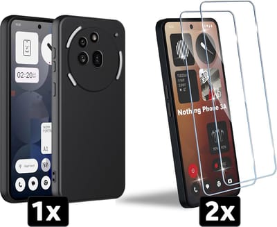 Casemania Hoesje & Glas Geschikt voor Nothing Phone 3a Pro - Zwart - Siliconen Back Cover + 2x Glazen Screenprotector