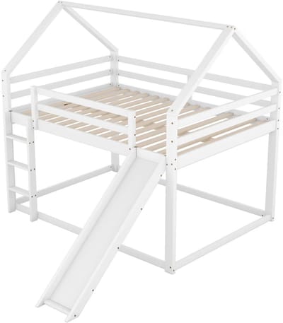 Stapelbed voor kinderen - Met glijbaan - 140x200 cm - 2 kinderbedden - Hoogslaper - Met Hoektrap, valbeveiliging en raam - Peuterbed