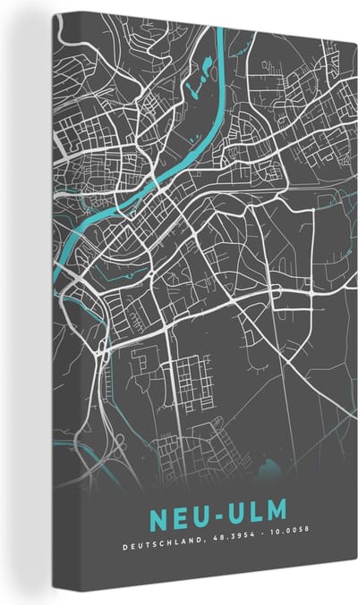 Canvas Schilderij Plattegrond – Neu Ulm– Blauw – Stadskaart – Kaart - Duitsland - 20x30 cm - Wanddecoratie