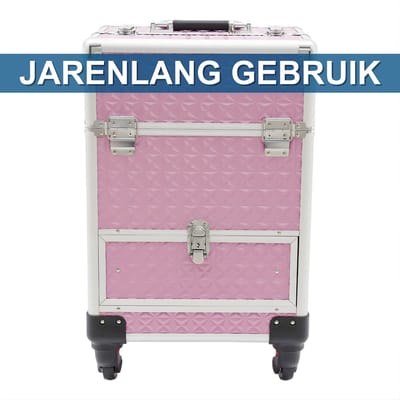 Make-up Opbergkoffer – Met Lade en 6 Compartimenten – Uitschuifbare Trolleystang – ABS & Aluminium – Voor Manicure, Tattoo en Kappers – Roze