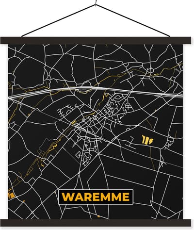 Posterhanger incl. Poster 60x60 cm - Schoolplaat - Plattegrond - Waremme - Goud - Kaart - Stadskaart - Textielposter - Zwarte latten - Stadskaart