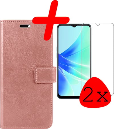 Hoesje Met 2x Screenprotector - Geschikt voor OPPO A17 - Luxe Pasjeshouder - Bookcase Portemonee - Flip Case - Kunstleer Book Case - Flipcase Hoes - Book Cover - Walletcase - Portemonneehoes - Rosé goud