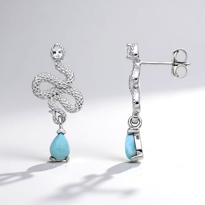 Cavill - Zilveren Oorbellen - 925 Sterling Zilver Gerhodineerd - Larimaren 1,6 ct & Witte Topaas 0,1 ct - Druppelvorm - Slangdesign - Elegant Blauw