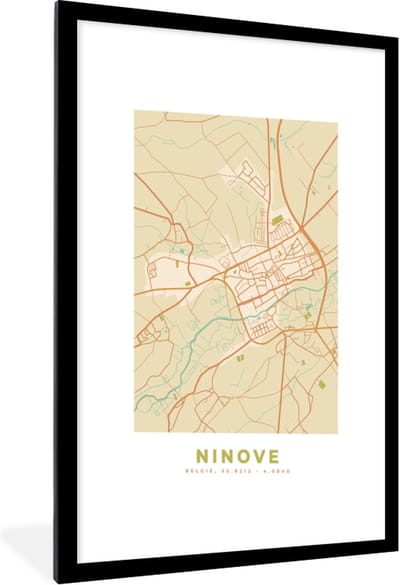 Fotolijst incl. Poster - Ninove - Plattegrond - Vintage - Kaart - Stadskaart - 60x90 cm - Posterlijst