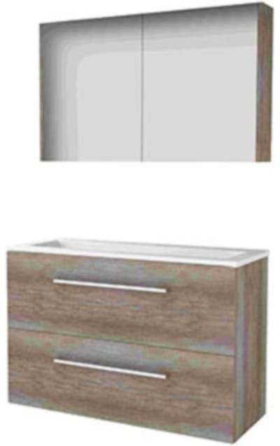 Basic-Line Comfort 39 Badkamermeubelset - Ondiep - 100 x 39 cm - Met Grepen - 2 Lades - Acryl Wastafel - Zonder Kraangat - Spiegelkast - Scotch Oak