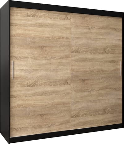 InspireMe - Kledingkast met 2 schuifdeuren, Modern-stijl, Kledingkast met planken (BxHxD): 200x200x62 - TORM 200 Zwart Mat + Sonoma Eik