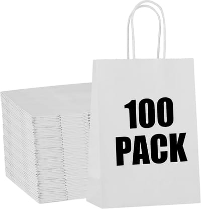 100 Kleine Kraft Papieren Zakken met Handvatten Wit | Cadeau- en Goodiebags 15x8x21 cm