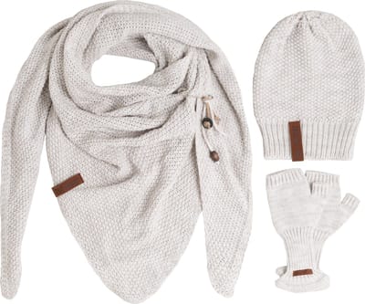 Knit Factory 3-delige Dames Winterset - Coco Omslagdoek - Coco Muts - Cleo Vingerloze Handschoenen - Set met sjaal, beanie en handschoenen voor dames - Beige