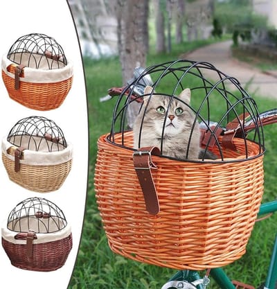 Huisdiermand - rieten fietsmand - afneembaar - geschikt voor kamperen in de buitenlucht met huisdieren - kleine honden-, katten- en dierenmand - met gaasventilatie - opbergmand - met deksel - honingkleur