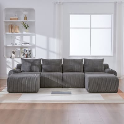 MODFU Modulaire 4-Zits Bank - Met Bekerhouder En Opbergvak - Modern - Cordstof - Donkergrijs - 333 x 174 x 80 cm