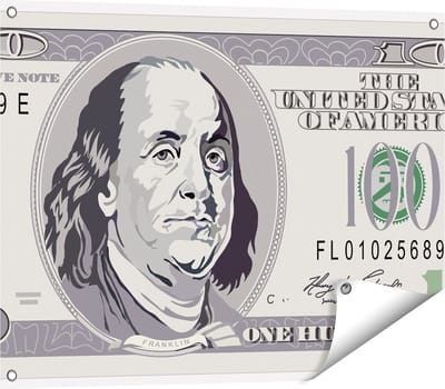 Gards Tuinposter Geld Dollar Biljet - Briefje van 100 Dollar - 80x60 cm - Tuindoek - Tuindecoratie - Wanddecoratie buiten - Tuinschilderij