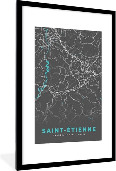 Fotolijst incl. Poster - Saint-Étienne - Frankrijk - Stadskaart - Kaart - Plattegrond - 80x120 cm - Posterlijst