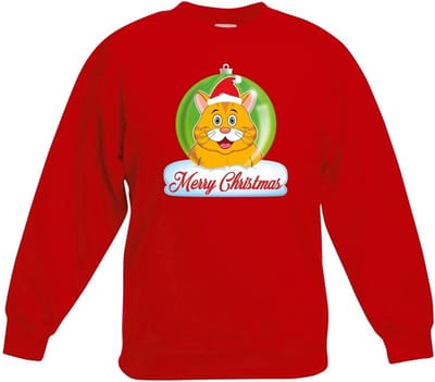 Kersttrui sweater voor kinderen - rood - Merry Christmas - oranje kat / poes kerstbal - kerstdiner kleding 98/104