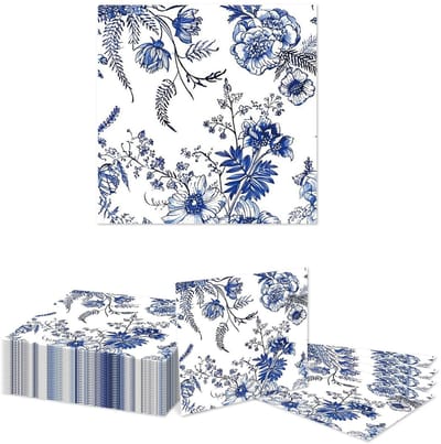Dailygoods- Servetten 25 stuks - Papieren Servetten - Blauwe Bloemen - Decoratie - Bruiloft - Verjaardag - 33 x 33 cm