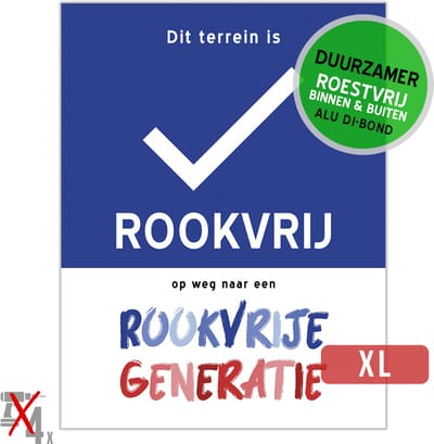 Pictogram/ bord Dibond (EXTRA GROOT) | "Dit terrein is rookvrij - Op weg naar een rookvrije generatie" | 42 x 56 cm | Domein | Rookverbod | Roestvrij | Duurzaam | Weerbestendig | 1 stuk