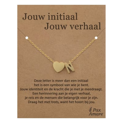 Letter N ketting op Cadeau Kaartje - Jouw initiaal, jouw verhaal - 45cm Goudkleurig Stainless Steel - Initiaal & Hartje Hanger - Pax Amare