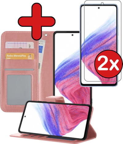 Hoesje - Met 2x Screenprotector - Geschikt voor Samsung Galaxy A53 - Luxe Pasjeshouder - Flip Case - Bookcase Portemonee - Kunstleer Book Case - Flipcase Hoes - Book Cover - Walletcase - Portemonneehoes - Telefoonhoes - Rosé goud