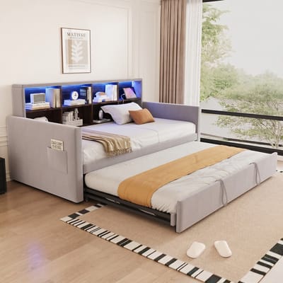 VVBV Uitschuifbed Slaapbank 90x190 cm met Uitschuifbed, Hoofdbord - Planken, LED-Verlichting - Fluweel Lichtgrijs/Grijs