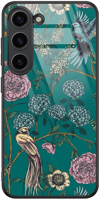 Hoesje geschikt voor Samsung Galaxy S23 - Vogels Japanse bloemen - Hard Case Zwart Back Cover - Print - Groen - Mooie Telefoonhoesjes