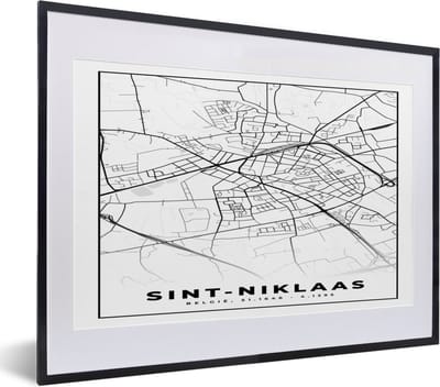 Fotolijst incl. Poster Zwart Wit- Stadskaart – Plattegrond – België – Zwart Wit – Sint Niklaas – Kaart - 40x30 cm - Posterlijst