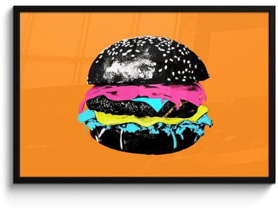 Poster in lijst - Fotolijst 90x60 cm - Posters - Hamburger - Oranje - Neon - popart - Posterlijst zwart - Decoratie - Wanddecoratie woonkamer - Muurdecoratie slaapkamer