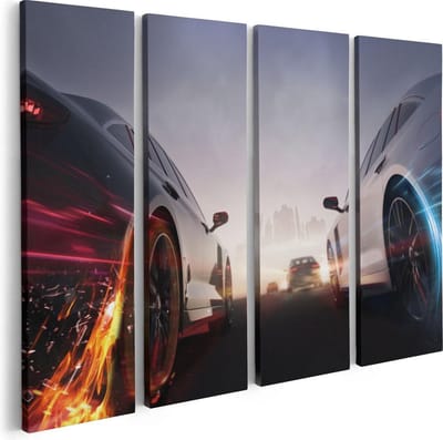 Artaza Canvas Schilderij Vierluik Twee Raceauto's - Blauw Tegen Rood - 80x60 - Foto Op Canvas - Canvas Print