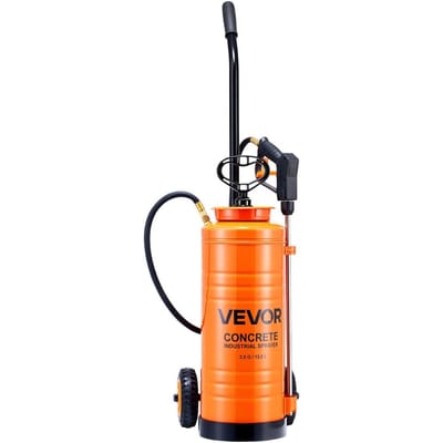Pulvérisateur à béton industriel avec chariot à roulettes, Pulvérisateur en acier inoxydable de 14 L, Pulvérisateurs à pompe Tri-Poxy robustes, Lance de 52 cm, Tuyaux de 1,2 m et 3 m, 2 Laiton