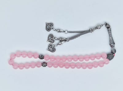Handgemaakte tesbih klassiek - "Tasbih" natuursteen "Roze kwartz" - Aantal kralen 33 - Diameter kralen 8 MM - met metaal tassel "Harten" - Een mooi cadeau-idee