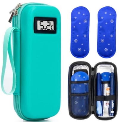 Insuline Koeltas - Diabetes Koeltas met 2 Ijspacks - Om Medicijnen Koud Te Houden - met Thermometer en Temperatuurweergave (Celsius) - Draagbare Koeltas - voor Dagelijks Gebruik en Reizen - Isolerende Insuline Etui voor op Reis - Groen