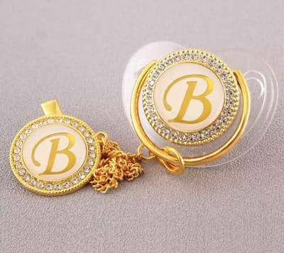 Letter fopspeen met clip - Letter B - 0 - 6 Maanden - Silica gel - Goud / Transparant - Luxe fopspenen met diamanten - Gepersonaliseerd fopspeen