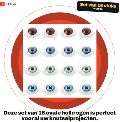 Dailygoods- Ogen 16 Stuks - Ovale Kunststof Ogen - Kleurrijke Decoratieve Ogen - Veilig voor Kinderen - Groot Formaat 23mm x 16mm x 9mm - Speelgoedoog